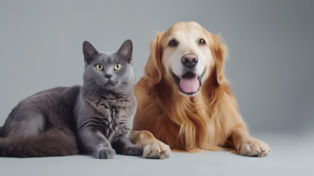 Portrait of a Happy Golden Retriever and a Curious Gray Cat Together. Animal Friendship and Joy Expressed in a Studio. Simple and Elegant Style for Diverse Uses. AI