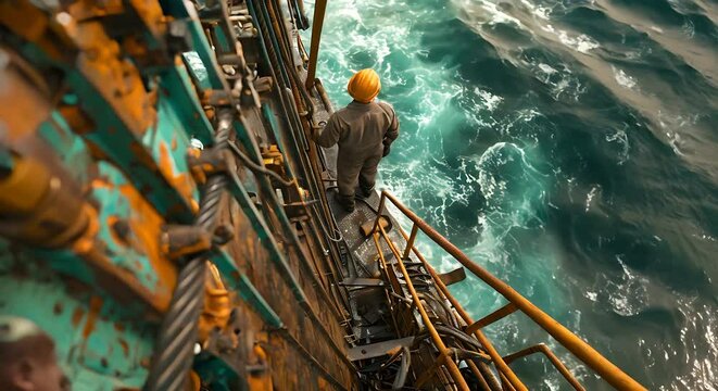 A man is seen standing on top of a boat as it sails through the vast ocean. The water around him is deep blue, and waves can be seen crashing against the sides of the boat