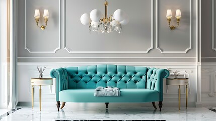 Elegant Waiting Room Interior With Turquoise Colored Sofa Side Table And Gold Colored Chandelier