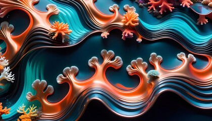 Abstract wavy lines in blue and orange with coral-like patterns, suitable for backgrounds or wallpapers.