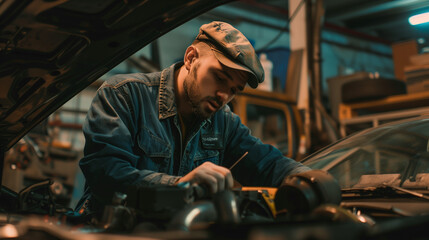 An auto mechanic engrossed in troubleshooting under the hood of a car - obrazy, fototapety, plakaty