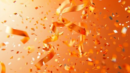 falling gold glitter foil confetti, on orange background, holiday and festive fun concept. High quality photo