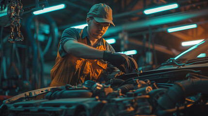 An expert technician meticulously tuning an engine in a dimly lit auto repair garage