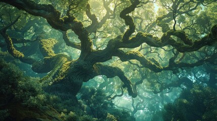 An ancient grove of trees, their gnarled branches reaching skyward, symbolizing the wisdom of preserving biodiversity.