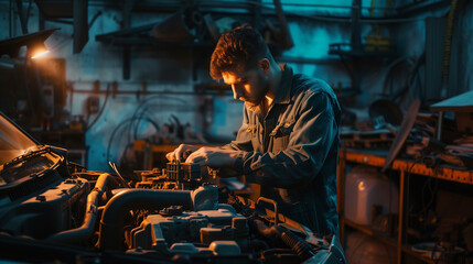 An expert technician meticulously tuning an engine in a dimly lit auto repair garage