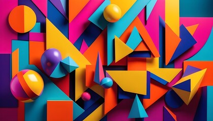 Abstract colorful background with geometric shapes and spheres. Vibrant 3D composition.