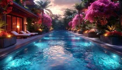 Luxurious tropical resort pool in the night