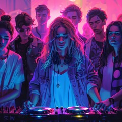 Vibrant youth party scene with a DJ spinning tracks surrounded by teenagers