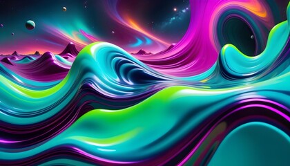Vibrant abstract wave background with a fluid, dynamic mix of neon colors and 3D rendering, suitable for modern design themes.