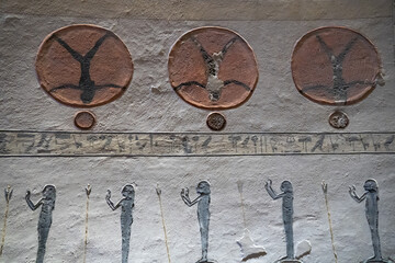 Hieroglyphs and drawings of Egyptian gods, Valley of the Kings, Ancient Egypt