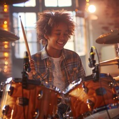 Energetic teenager enjoying music while playing drums in a room