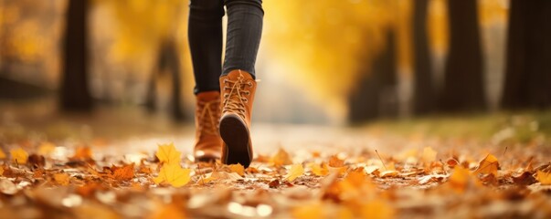 Warm autumn woman's walking motion is captured among fallen leave