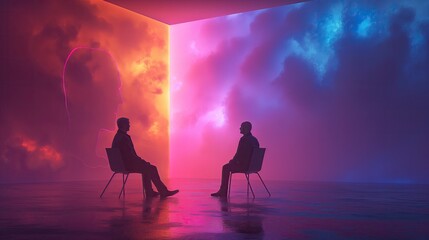 Two men seated in front of a vibrant magenta wall. psychological Mental health, concept - obrazy, fototapety, plakaty