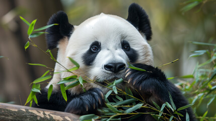 Panda bear eating bamboo leaves