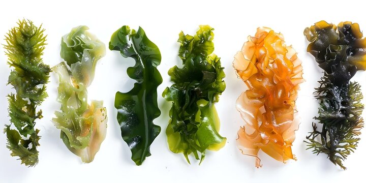 Closeup image of various forms and colors of Fucus algae on a white background. Concept Botanical Photography, Marine Life, Close-Up Shots, Algae Varieties, White Background
