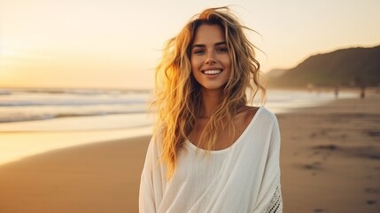 Fototapeta na wymiar Beautiful woman with blonde curls and a beautiful smile. Seascape at dawn. Close-up portrait of a woman on the beach. Cheerful woman smiling at the beach on sunset