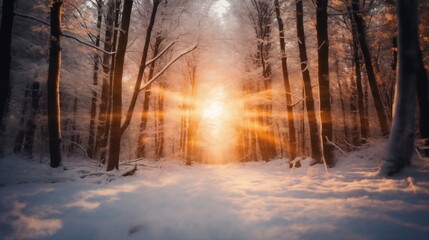 beautiful winter landscape, snow covered forest at sunset, sunlight and beautiful nature