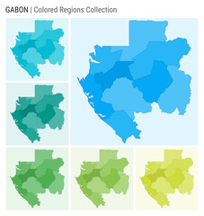 Fototapeta premium Gabon map collection. Country shape with colored regions. Light Blue, Cyan, Teal, Green, Light Green, Lime color palettes. Border of Gabon with provinces for your infographic. Vector illustration.