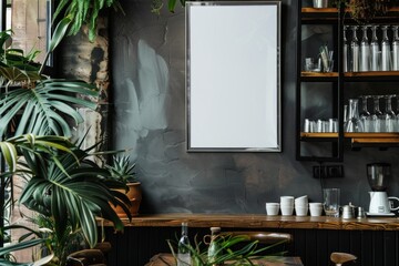 A large blank white frame mockup hung on the wall of an urban coffee shop