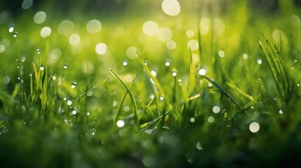 Fototapeta premium a beautiful spring landscape with dew on the grass in a forest glade after rain, sunlight and beautiful nature