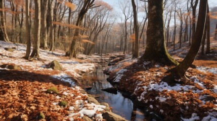 beautiful winter landscape, snow covered forest at sunset with fallen leaves and a stream, sunlight and beautiful nature