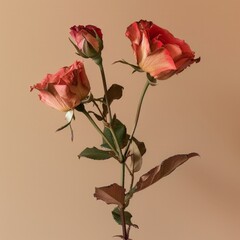 Three pink roses placed in a glass vase on a wooden table