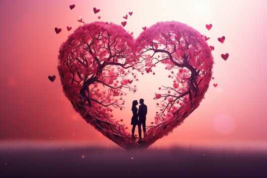 Romantic artistry: A heart-shaped creation of branches, adorned in red and pink tones, frames the silhouette of lovers, symbolizing love, valentine, and togetherness.