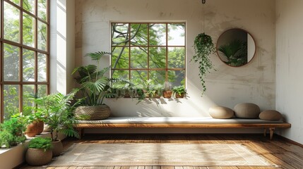 Bright and airy minimalist entryway with natural wood bench and green plants