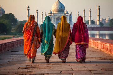 Indian women in colorful sari and temple - 773431959