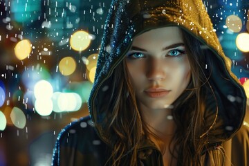 A beautiful woman with blue eyes and brown hair wearing an oversized hoodie in the rain