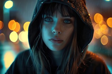 A beautiful woman with blue eyes wearing an oversized hoodie