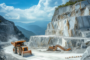 An excavation is being carried out in marble quarry with heavy excavator and bulldozer with large truck Generative AI - obrazy, fototapety, plakaty