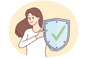 Woman with metal shield demonstrates that is protected from viruses. girl points finger at checkmark symbolizing web security using social networks and Internet applications. Flat vector image