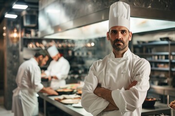 A portrait of an attractive male chef standing in the kitchen with his arms crossed