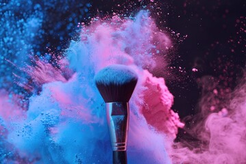 A makeup brush with colorful powder splashing around it