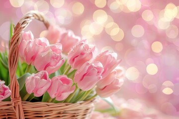 A basket of pink tulips on the background with bokeh