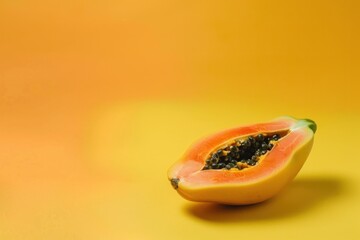 A papaya cut in half on yellow background with copy space
