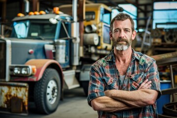 A portrait of an attractive middle-aged truck driver with his arms crossed in front