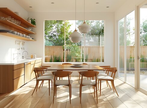 mid-century modern dining room with table and chairs, light wood cabinets, white walls, large windows looking out to backyard fence, stock photo, wide angle lens