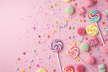 Colorful candy and lollipops on a pink background in a top view