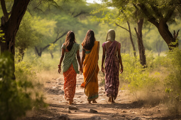 Indian women in colorful sari in forest - 773432534