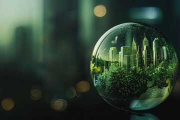A globe with green plants and buildings inside