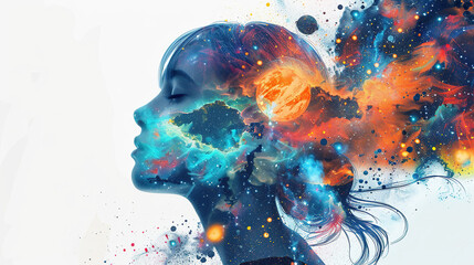 child Astronaut imagining space in mind merged brain with watercolor space art, gateway to another universe.space, cosmonaut and galaxy for poster, banner , future, science fiction, astronomy