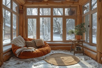 Cozy wooden sunroom with panoramic windows in a snowy winter landscape