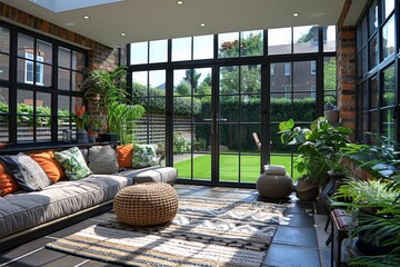Elegant British conservatory with modern glass walls and comfortable interior design