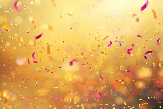 Vibrant confetti in various tints and shades cascades like liquid paint against a shimmering gold background, creating a whimsical pattern reminiscent of a glitterfilled sky