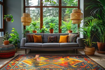 Elegant living room with eclectic decor and indoor plants - home interior design