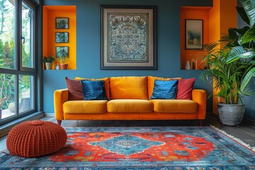 Modern Indian living room with vibrant colors and cozy decor - obrazy, fototapety, plakaty