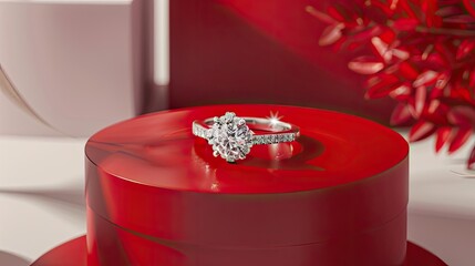 A gleaming diamond engagement ring, encased in a vibrant red frame, poised against a pristine white backdrop, symbolizing timeless love and devotion.