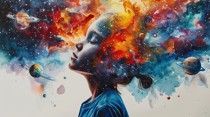 child Astronaut imagining space in mind merged brain with watercolor space art, gateway to another universe.space, cosmonaut and galaxy for poster, banner , future, science fiction, astronomy - obrazy, fototapety, plakaty